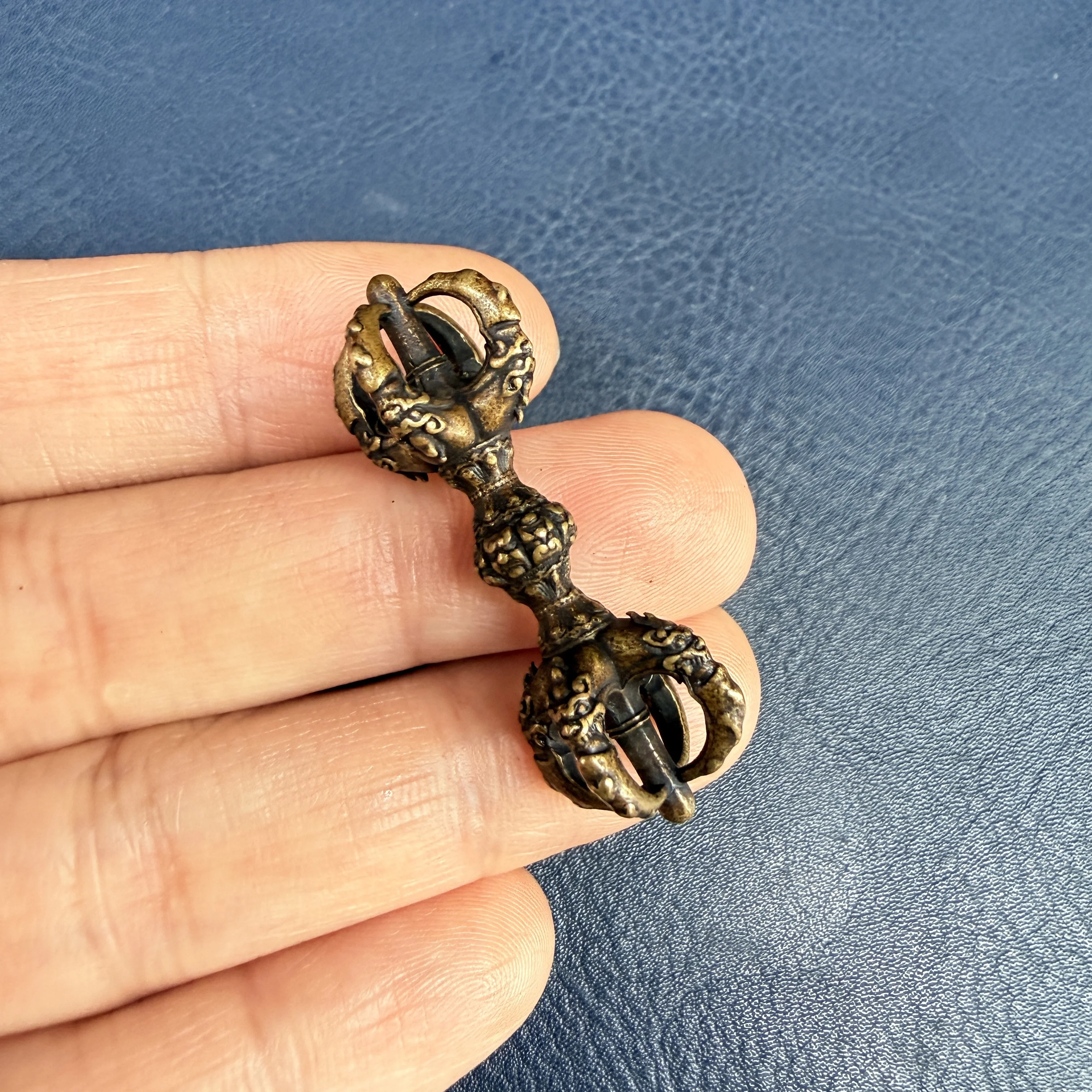 Mini Four-Pronged Vajra Dorje Pendant, Antique Brass Tibetan Buddhist Ritual Amulet Charm