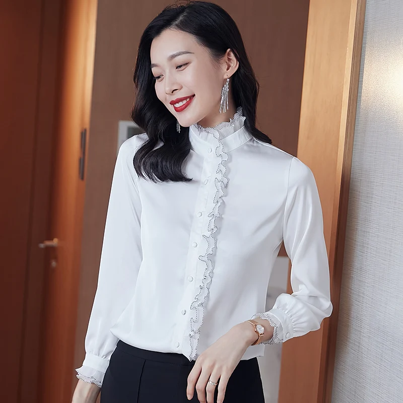 Camisa de manga larga para mujer, cuello de pie versátil, borde de oreja de madera, Top de moda y elegante, primavera y otoño, nuevo