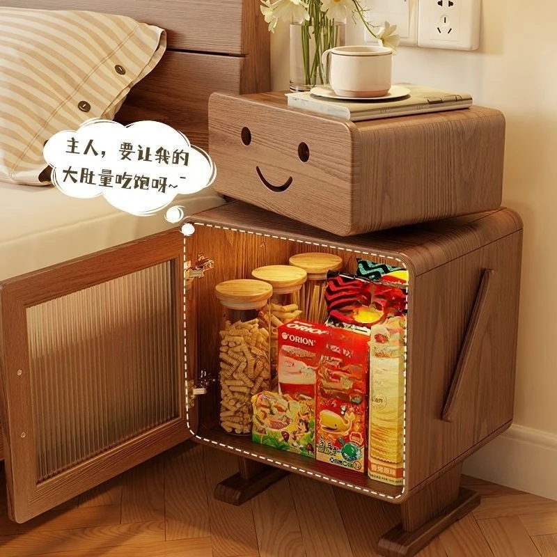 Solid Wood Bedside Table Bedroom Locker Robot Children's Cabinet Bed with Lamp New Chinese Storage
