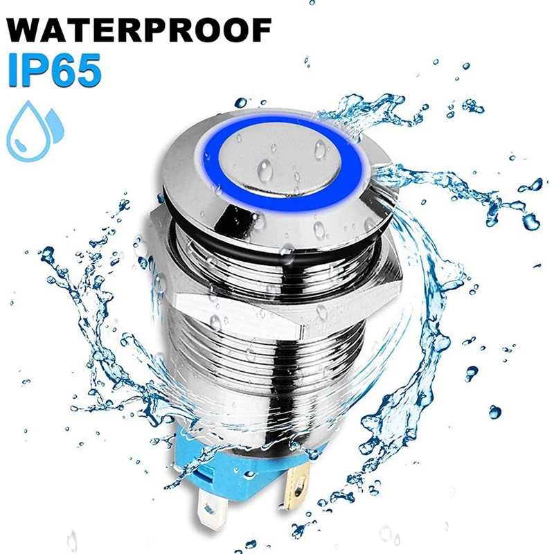 10PCS 12Mm Latching Push Button Switch High Round Cap, Waterproof Metal Push Button Switch With 12V/24V Blue Light
