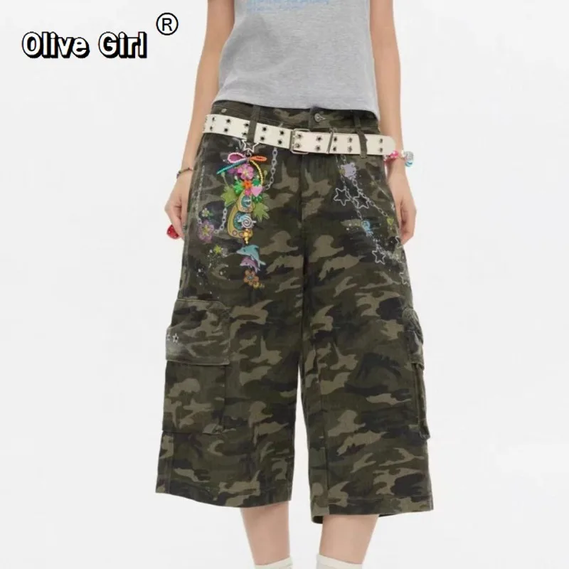 

Olivegirl 2026 Summer Women Jean Jorts Camouflage Shorts Japanese Y2K 2000s American Retro Calf-Length Denim Pants High Street