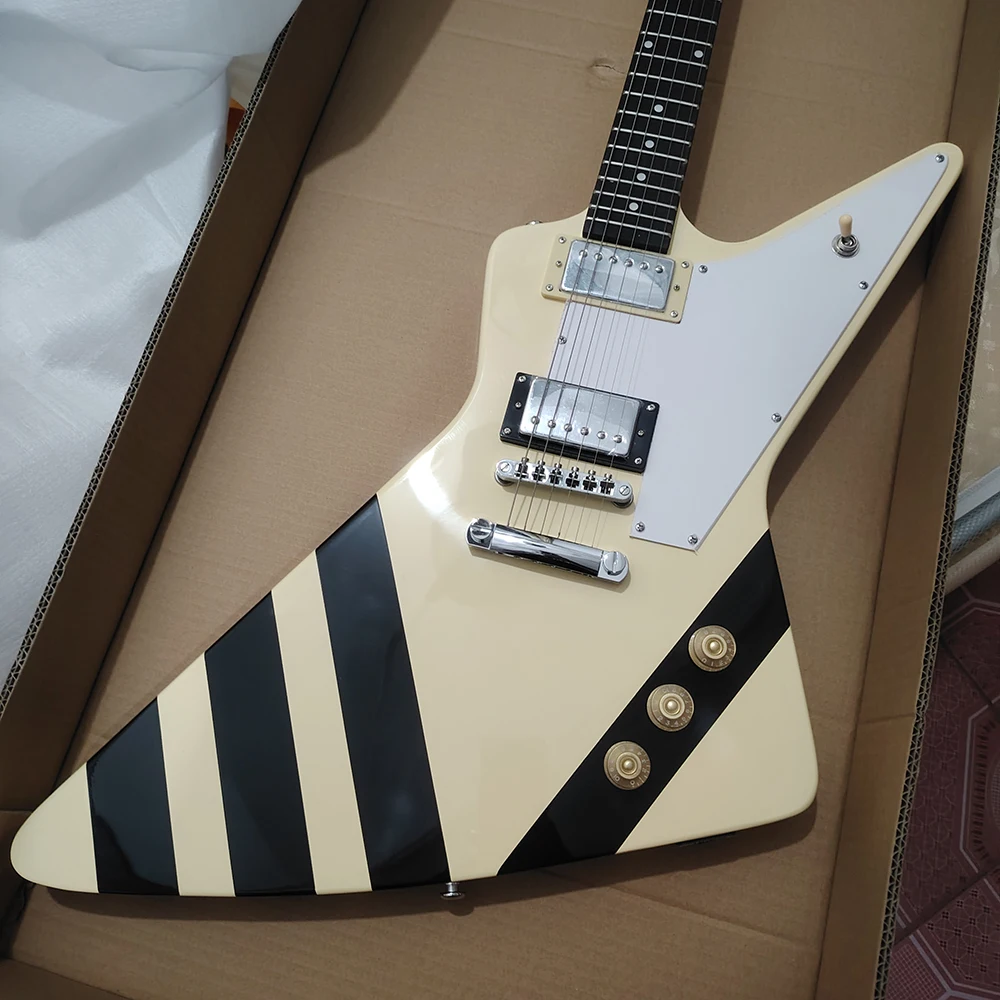 High quality milky yellow shaped electric guitar with black lines on the body, available for quick delivery