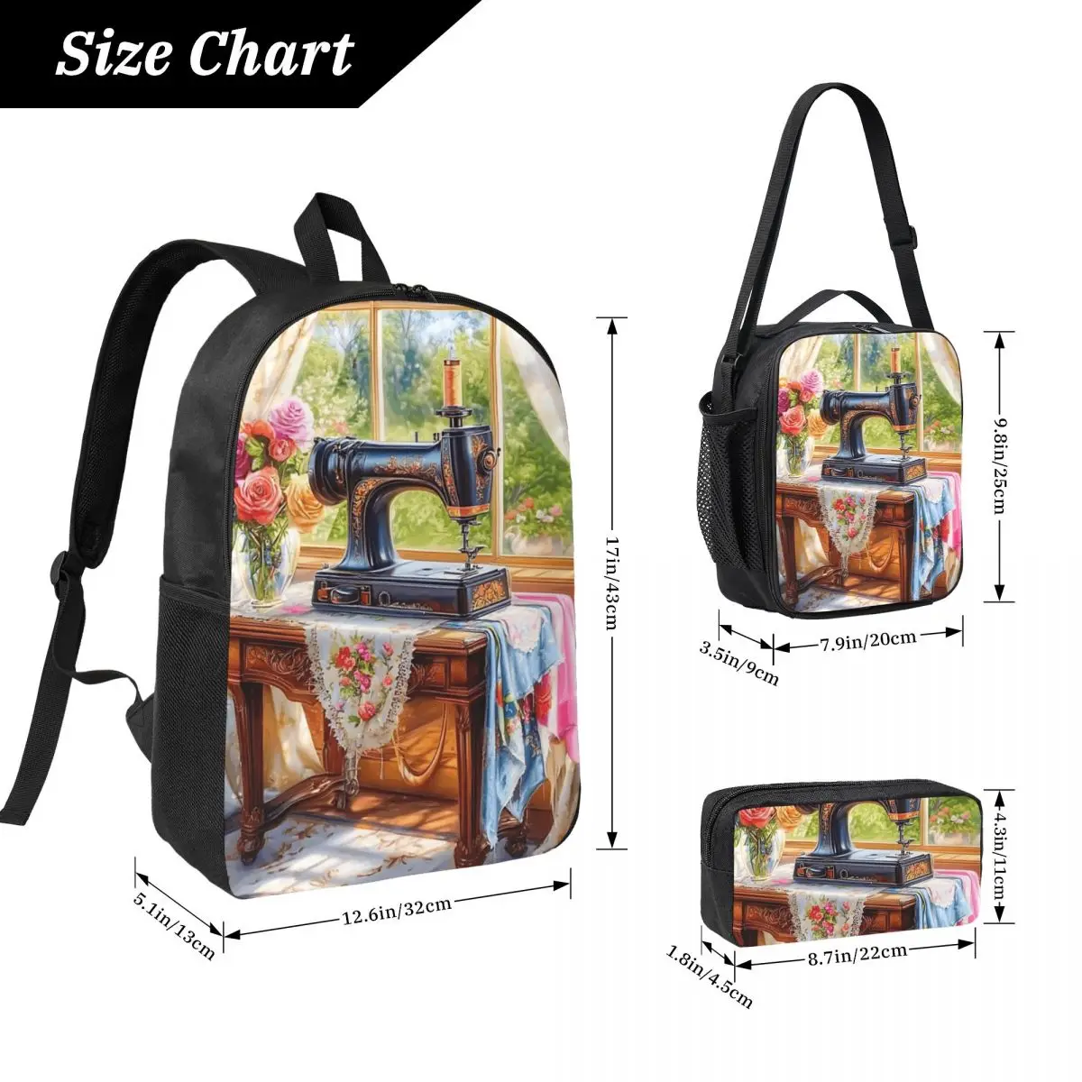 Vintage Sewing Machine Sewing Time Backpack Student BookBag School Bag Laptop Shoulder Bags 3ps Insulated Lunch Bag Pencil Case