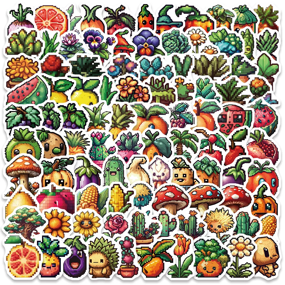 100pcs Pixel Gaming Style Cartoon Fruits Vegetabl Stickers Funny DIY Decals For Kids Laptop Luggage Diary Bike Phone Stickers