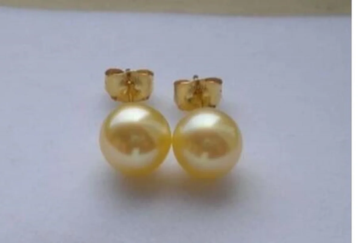 

perfect AAAA 8-9mm Round South China Sea GOLDEN pearl earrings 14K gold Limited time promotion fine jewelryJewelr