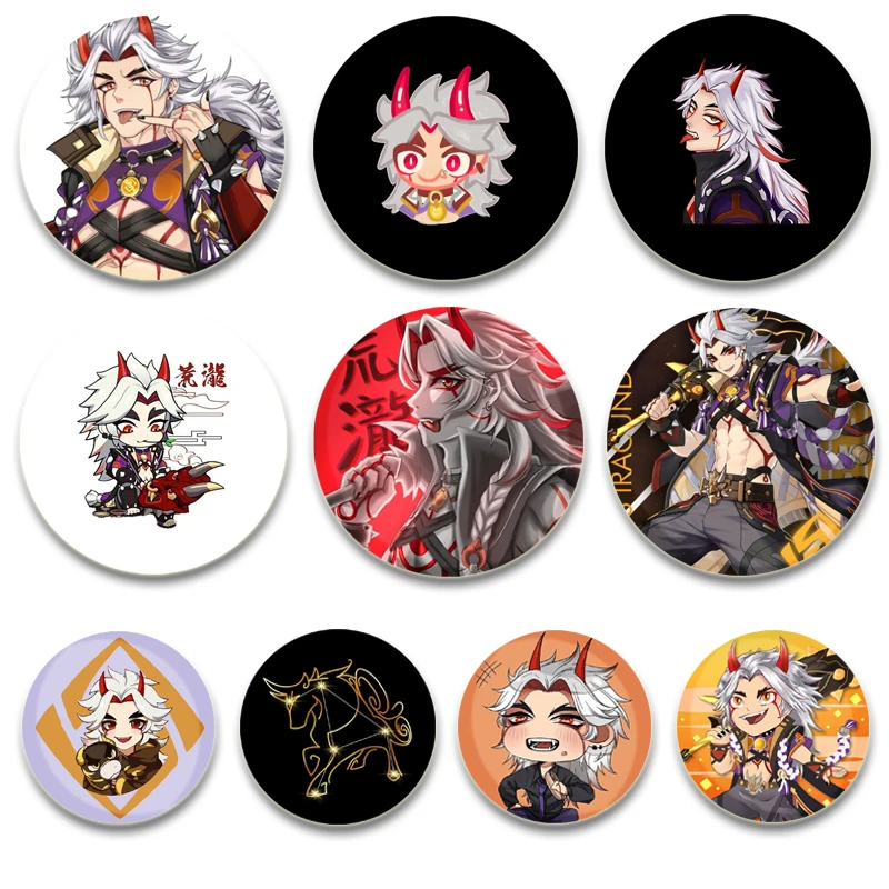 Genshin Impact HD Print Brooches Game Anime Badge Cartoon Figure Arataki Itto Round Display Lapel Pins Jewelry Gift Accessory