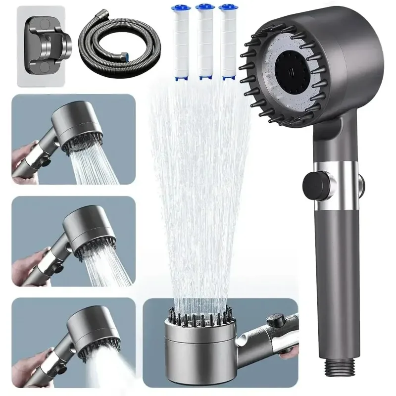 High-pressure shower head with switch massage function and multiple modes includes a 1.5-meter hose and bracket removes chlorine