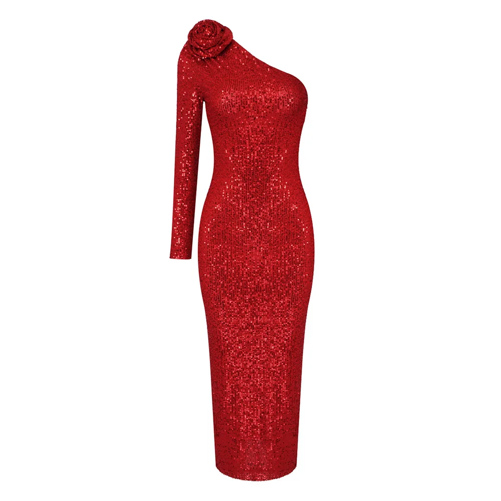 2024 New Arrival Red Flower One Shoulder Sequined Dress Long Women's Long Sleeve Dress Autumn and Winter