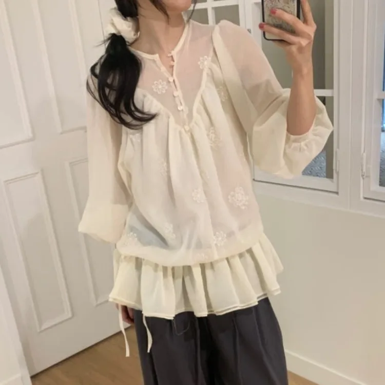 

Шикарный женский длинный све irt в стиле ретро, весенне-осенний новый кружевной топ с открытым воротником и завязками по краю, вышитый кружевной топ