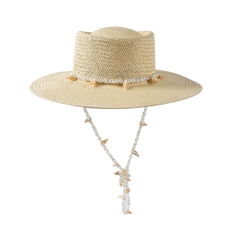 Wide Brim Pork Pie Paper Straw Hat With Conches and Artificial Pearls Chain