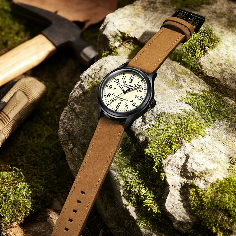 

MARK FAIRWHALE FW-5079 Watch Men Quartz 30M Waterproof Brown Crazy Horse Leather Strap 39mm Dress Wristwatch