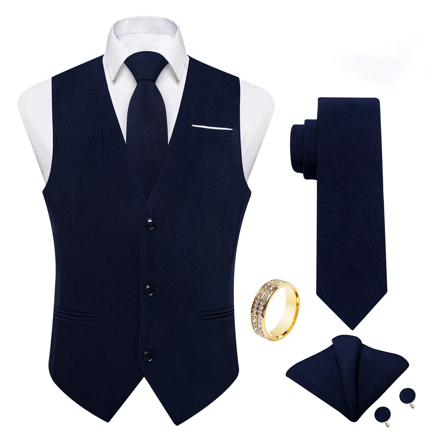 Navy Solid Textured V-Neck Ves - đánh giá và giá Pocket Square Set