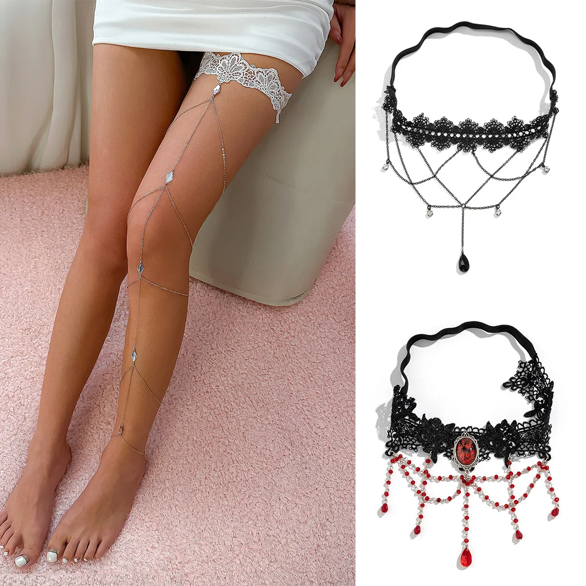 Thigh Chain Sexy Lace Multi Layer Tassel Gem Pendant Alloy Adjustable Versatile Leg Jewelry for Women Party Festival Daily Wear