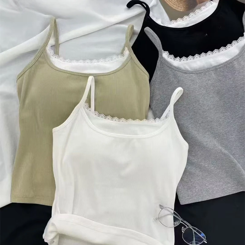 Summer Sexy Lace Shirt Beautiful Back Cotton Sling Fixed Cup with Chest Pad Vest for Women Clothing Wholesale