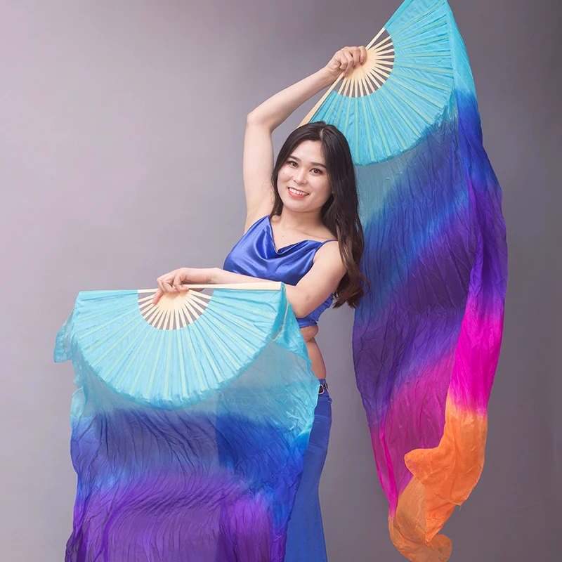 For Kid and Women Belly Dancing Bellydance 1 Pair Gradient Color Dancer Practice Stage Performance 150/180x90cm Real Silk Fans