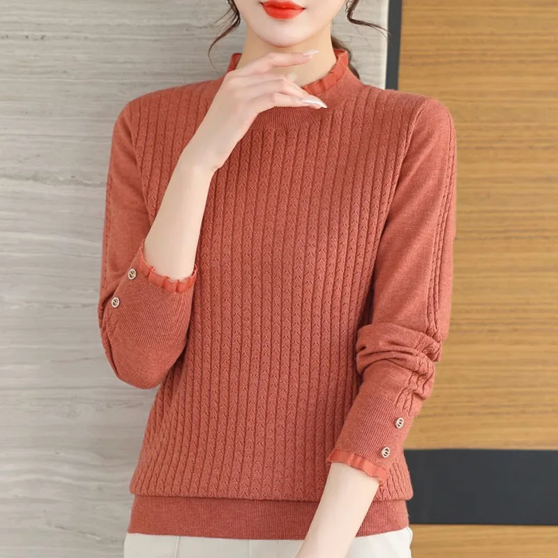 New Autumn Fashion Trend Lace Neck Fashionable Solid Color Loose Versatile Slim Age Reducing Women's Knitted Sweater