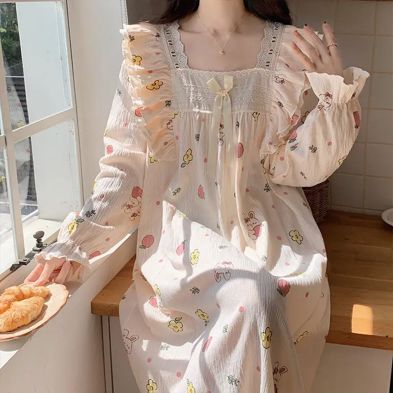 Floral Print Women Nightgown Sleepwear Square Collar Nightwear Korean Fashion Night Dress Long Sleeve Autumn One Piece Pajamas