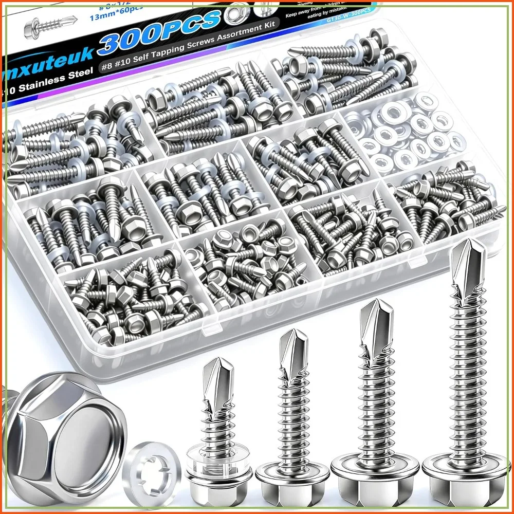 300PCS #8#10 Self Tapping Screws for Metal, 410 Stainless Steel, Hex Washer Head, with 150 Washers