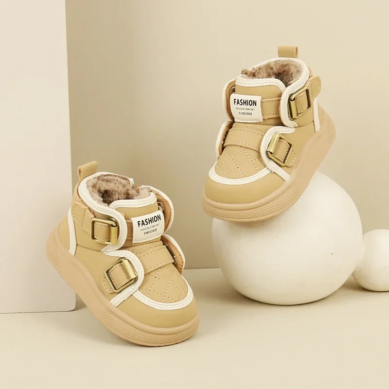 2024 Baby Walking Shoes, Baby Short Boots with Plush Snow Boots, Boys' Shoes, Children's Cotton Shoes, Warm Girls' Leather Boots