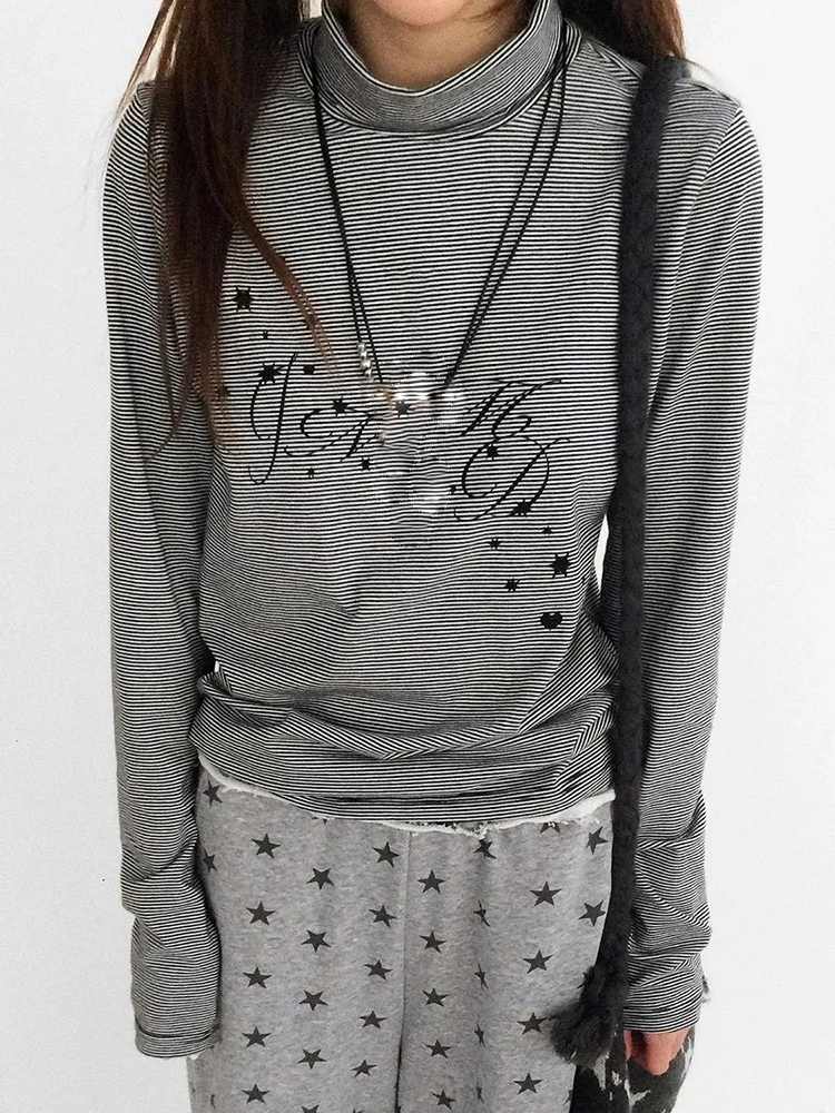 Striped Star Print Half High Collar Tshirts Women Retro Casual Long Sleeve Base Tops Korean Y2k Aesthetic Grunge Tees