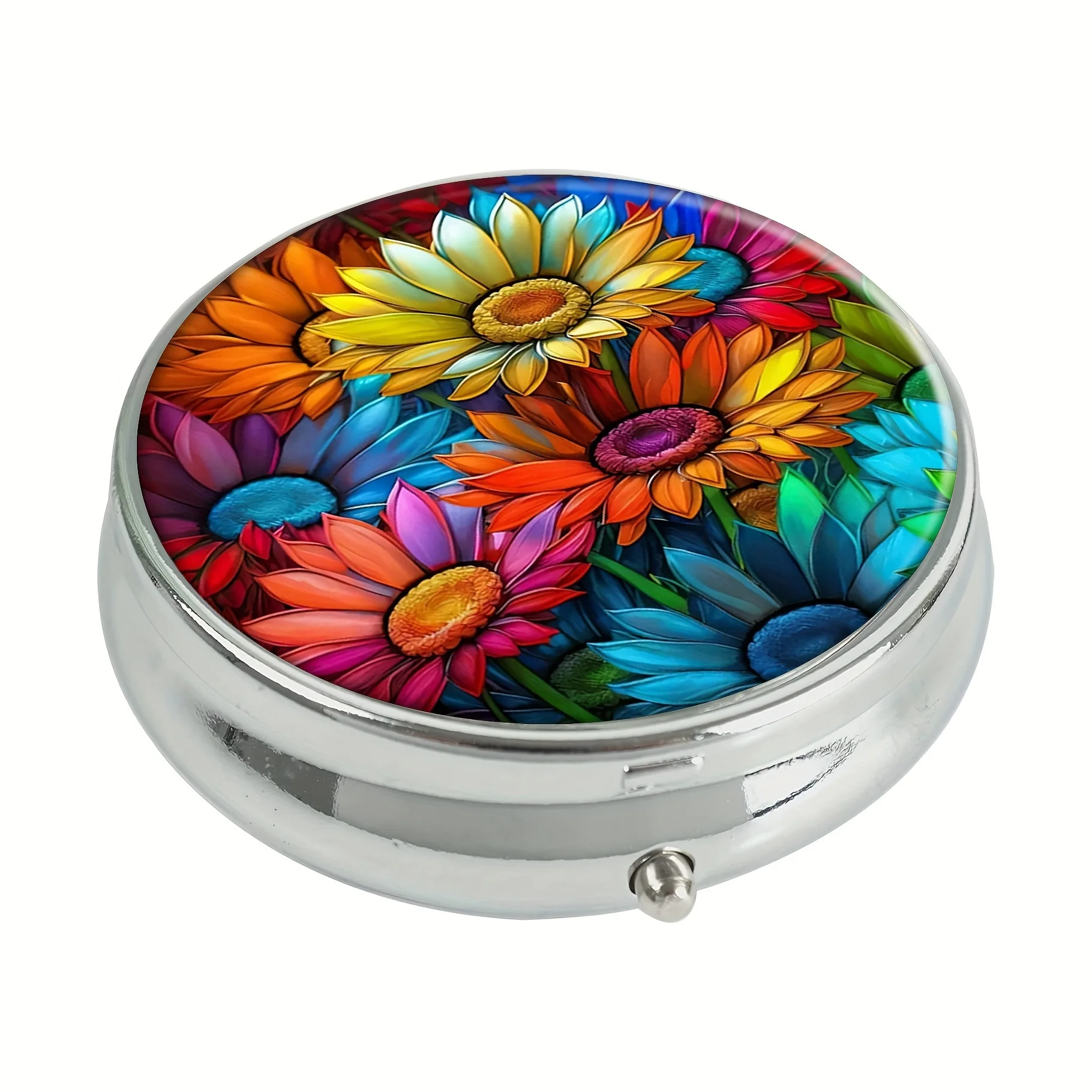 Rainbow Flowers Round Pill Box,Household Portable Medicine Storage Box,3-grid Sub-packaging Medicine Box,For Outdoor Travel