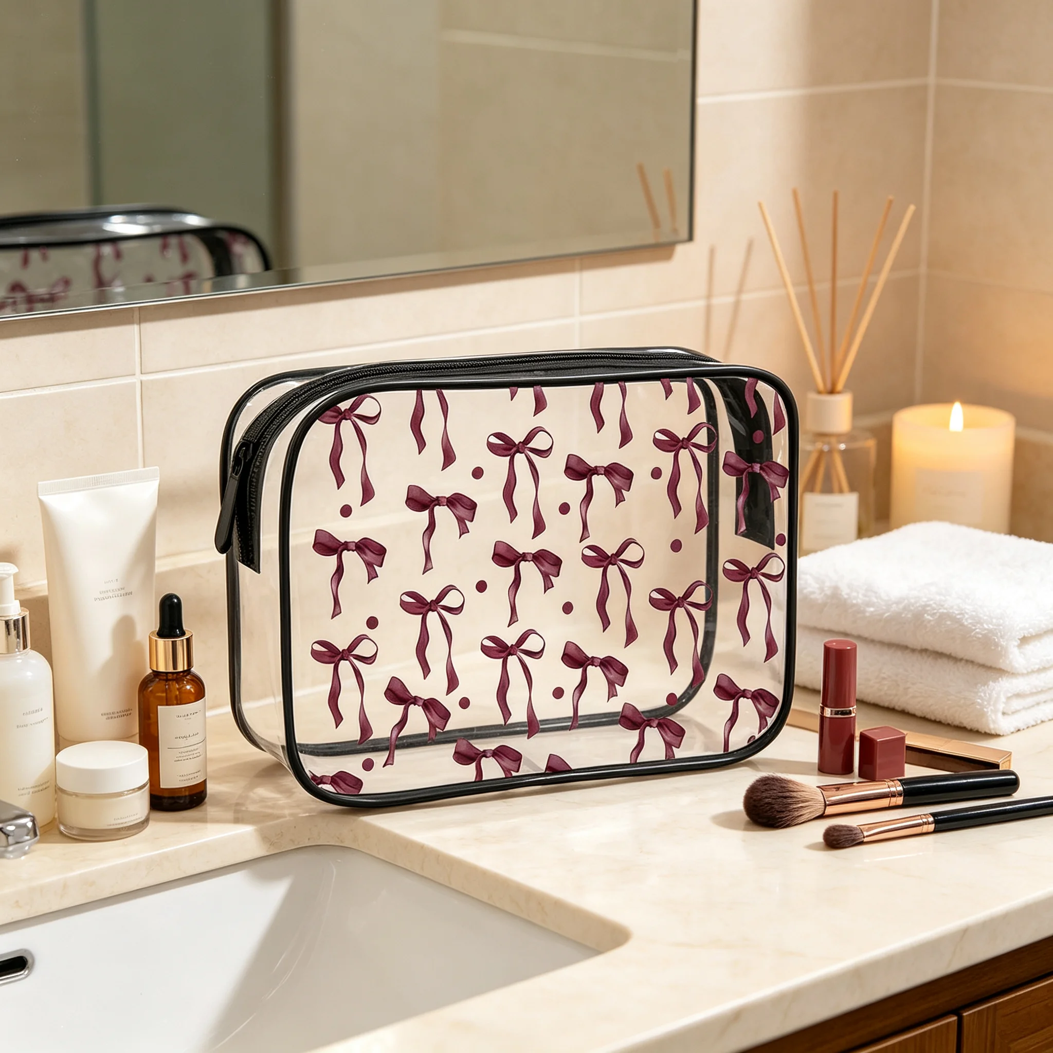 Burgundy Bow Clear PVC Makeup Bag Maroon Ribbon Print Transparent Travel Toiletry Cosmetic Pouch