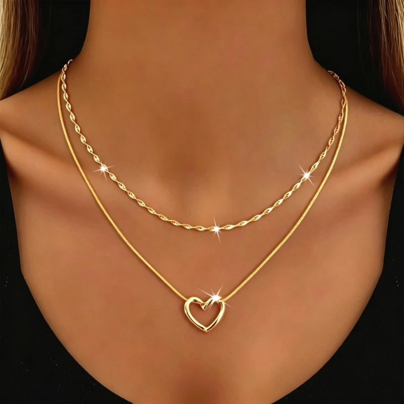 Water Ripple Chain + Love Pendant 2-piece Set | Light Luxury and Elegance | Stainless Steel Versatile | Daily Party Gifts