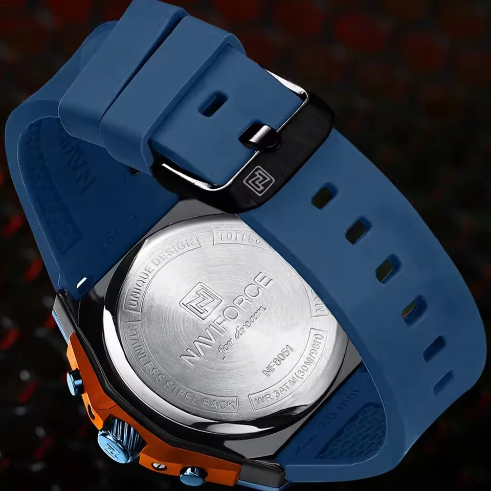 ナビフォース 8051T メンズクォーツ時計カレンダークロノグラフ発光カジュアル防水シリコンストラップ腕時計男性用リロイやつ