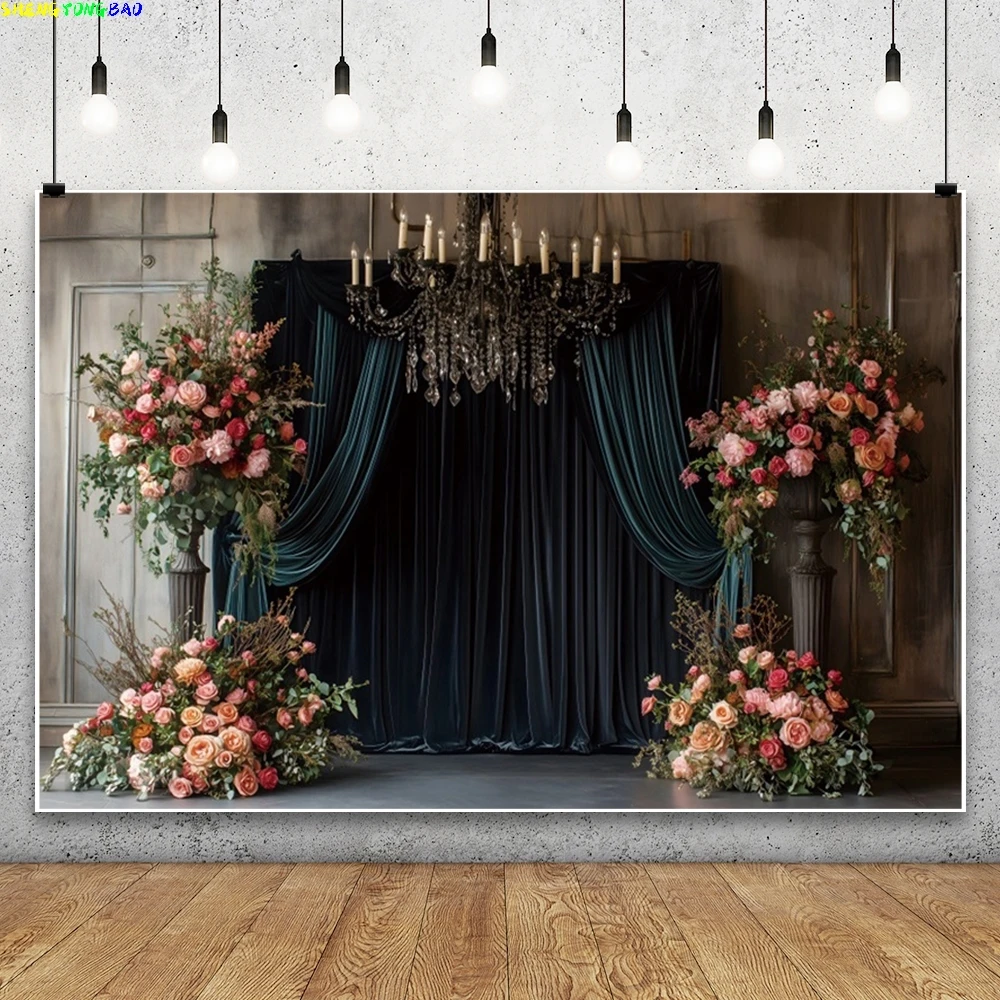 European Style Black Curtain Photography Background Black Wall Draping Fabric Flower Wedding Birthday Party Decor Photo Backdrop