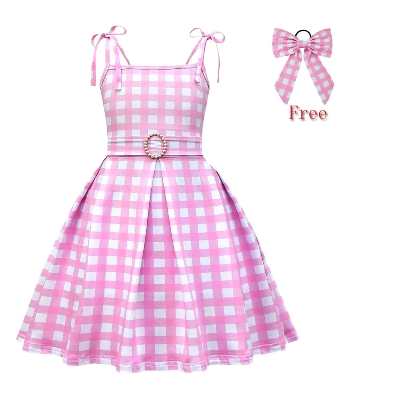 Movie the same style b-Barbies cosplay costume baby girl dress Halloween up sling plaid pink party princess dress free headwear