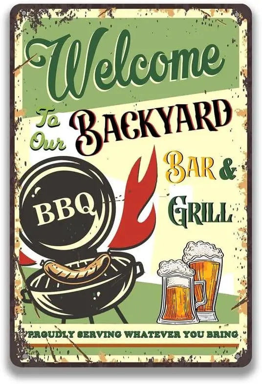 1v,Welcome to Our Backyard Bar Grill Metal Sign Funny Bbq Outdoor Sign for Patio Yard Memorial Day Bbq Deck Garden Decor Sign ,