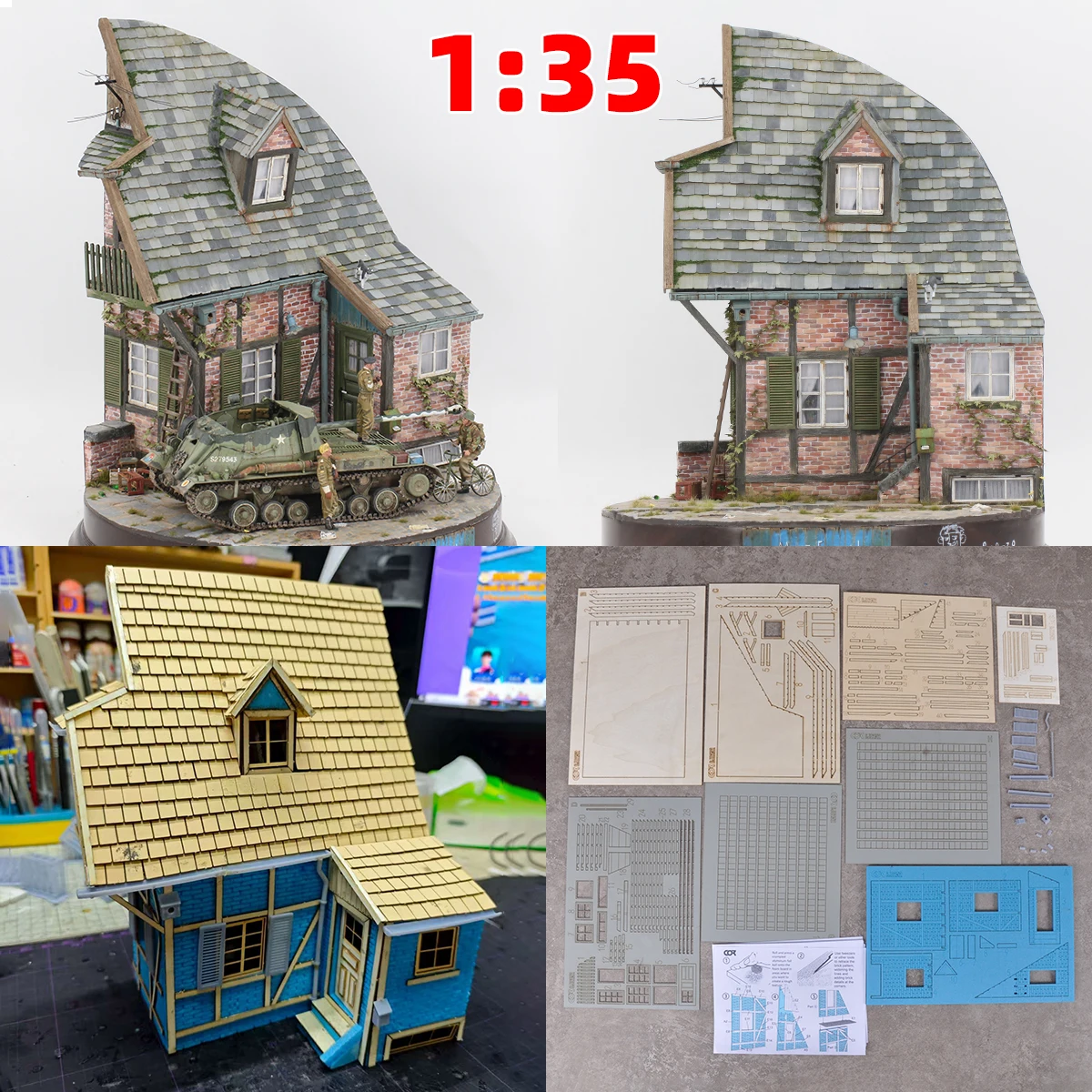 Architekturmodell-Bausatz: Einfamilienhaus, Bungalow, Ländliches Wohnhaus, Diorama im Maßstab 1/35 1/32