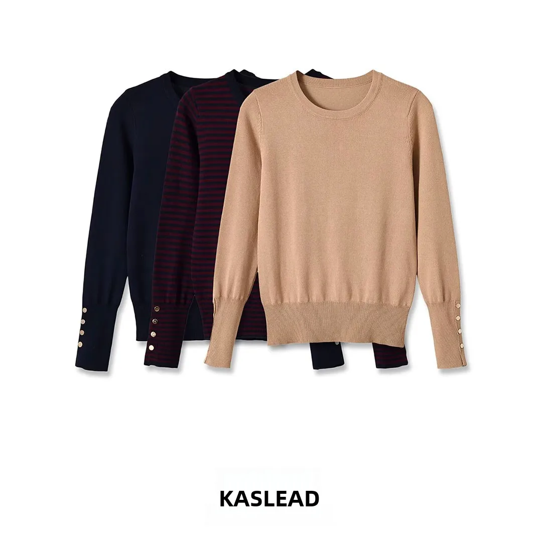 KASLEAD New Women's Basic Style round Neck Multi-Color Knitted Sweater Loose Fit Long Sleeve Polyester Fiber Autumn Season