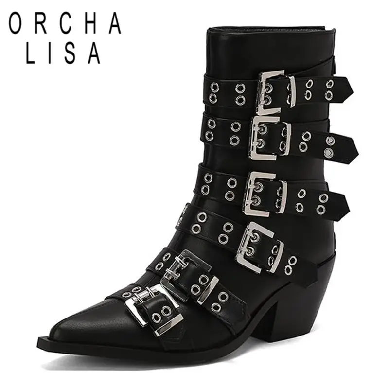 

ORCHALISA Punk Style Women Ankle Boots Pointed Toe Chunky Heels 6.5cm Zipper Belt Buckle Metal Decor Big Size 45 46 Street Bota