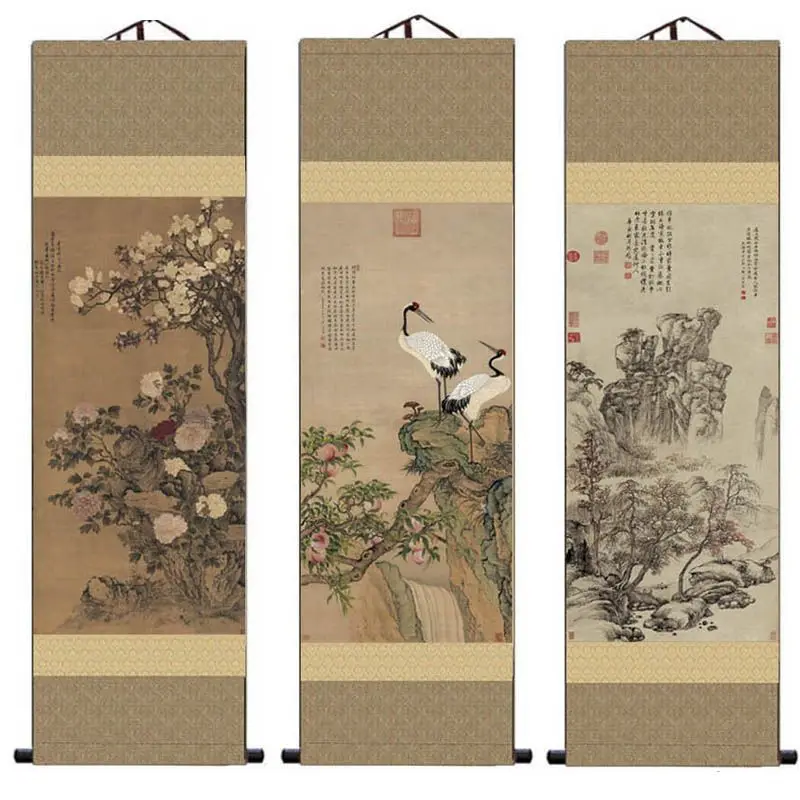 Chinese Auspicious Wealth & Longevity Peach Motif Painting Scroll, Retro Silk‑Fabric Wall Hanging Home Decor