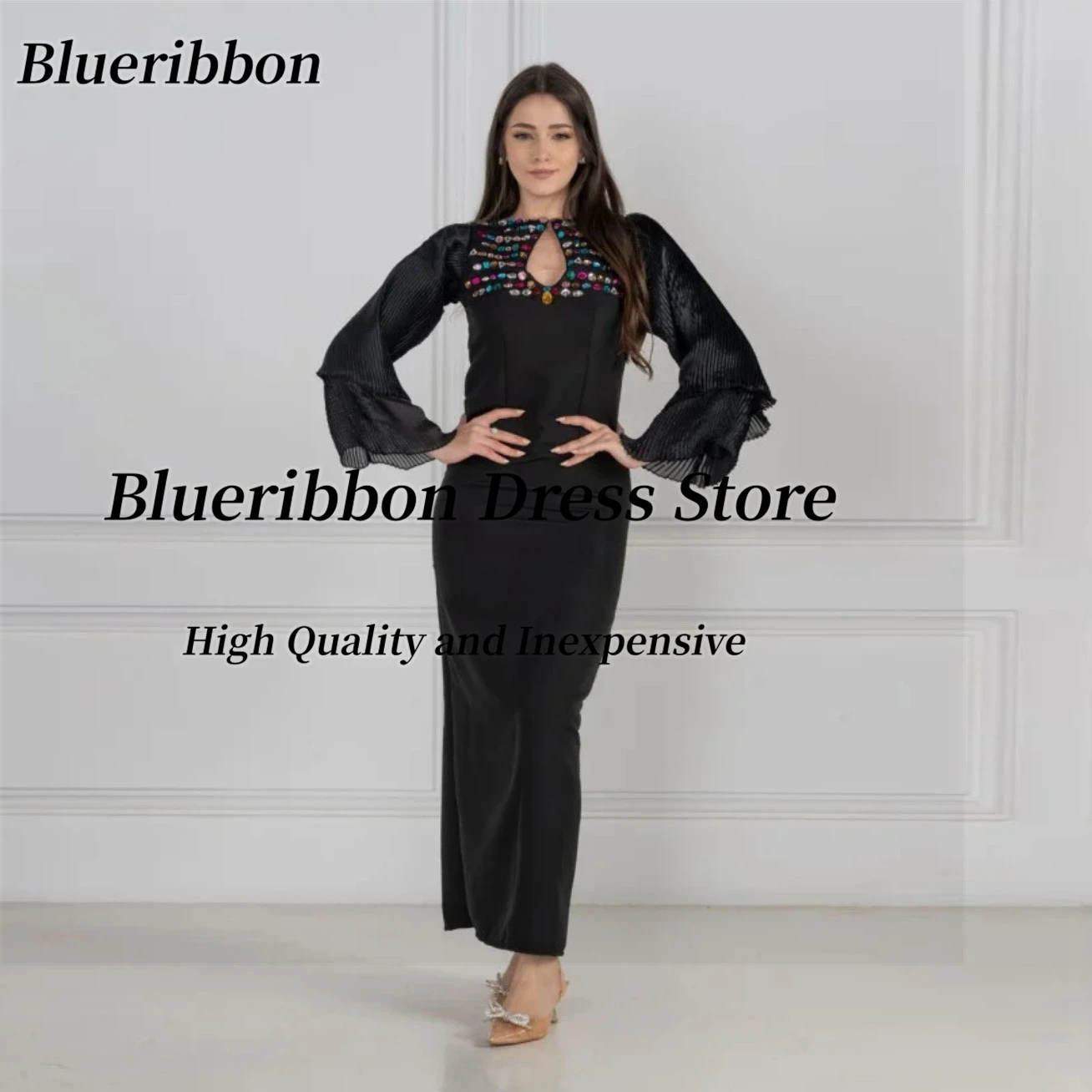 

Blueribbon Vestidos De Gala Пром платья с кристаллами и вырезом Вечернее платье Саудовская Аравия с длинными рукавами Индивидуальные вечерние платья