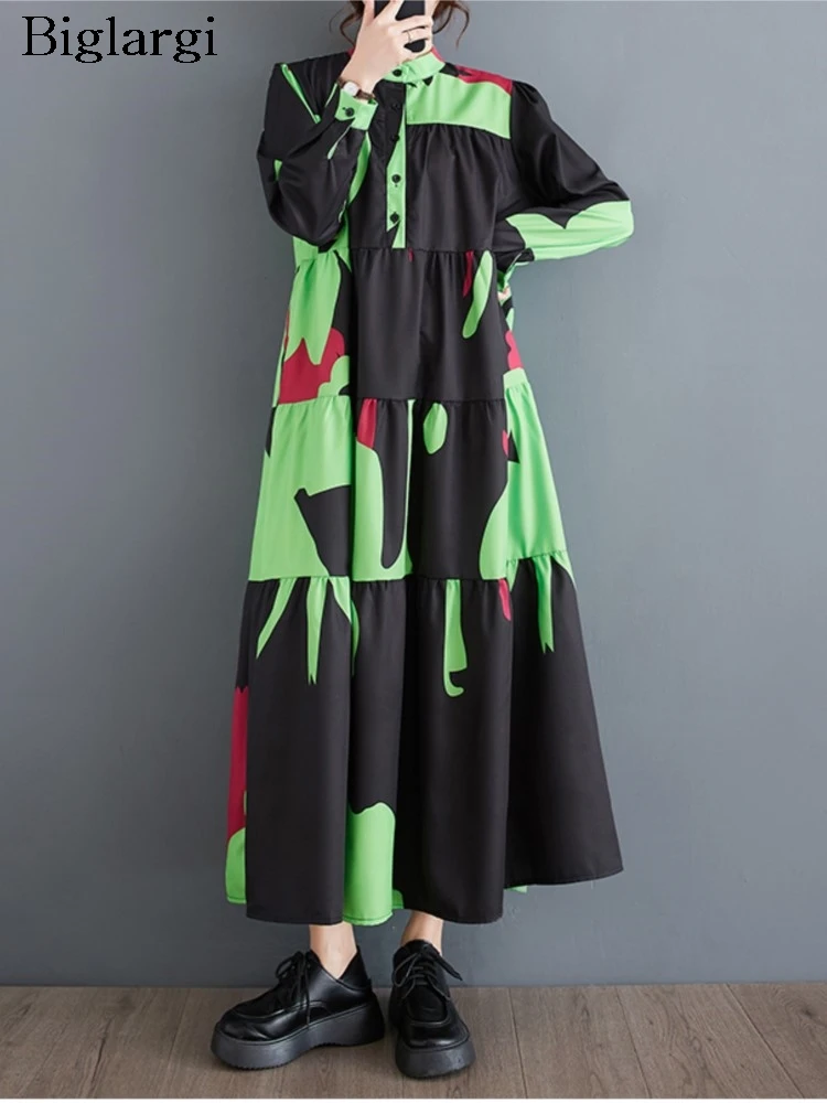 

Oversized Spring Long Dress Women Irregular Print Fashion Long Sleeve Ladies Dresses Casual Loose Ruffle Pleated Woman Dress