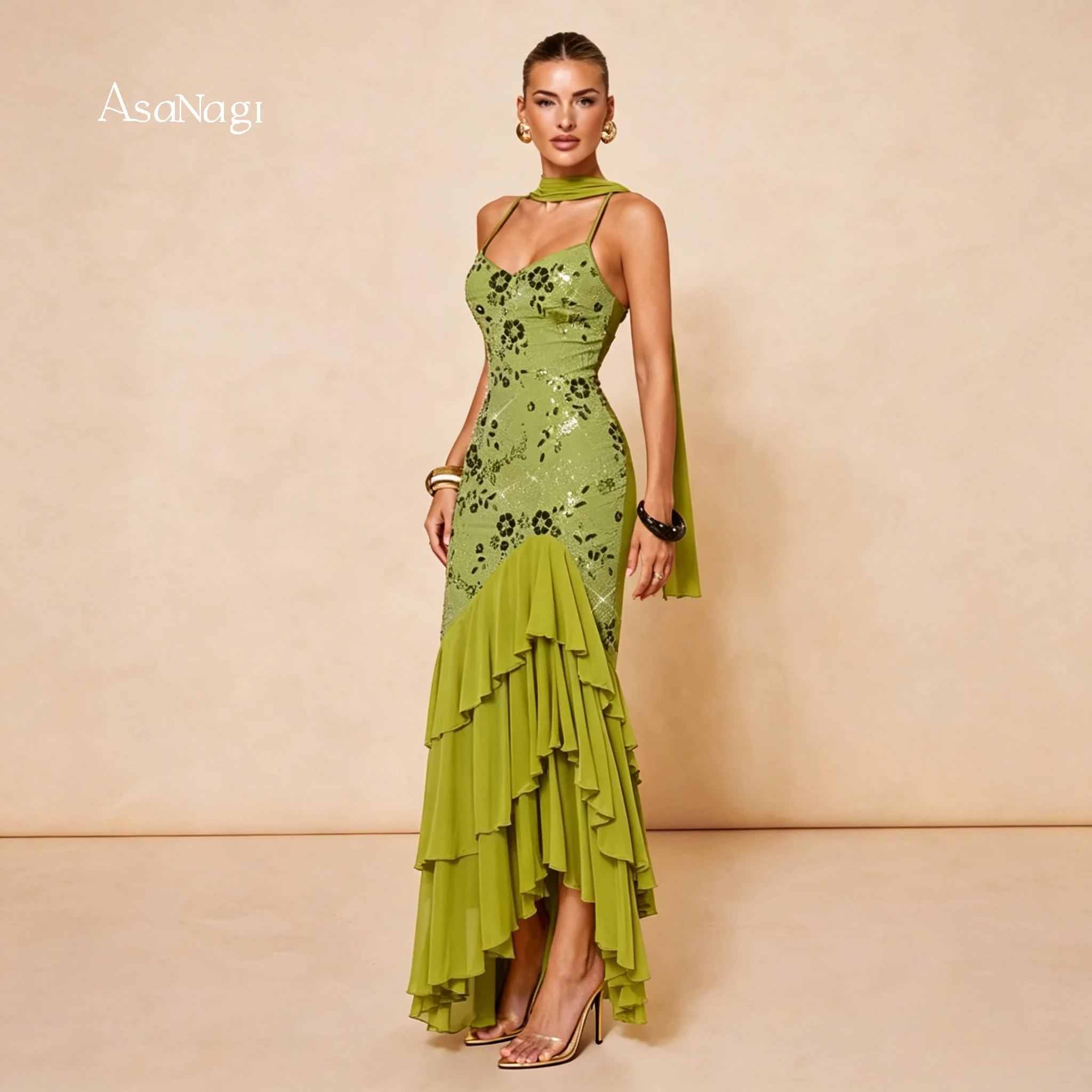 Olive Green Spaghetti Strap Sequin Mermaid Gown Tiered Ruffled High‑Low Hem Women Formal Evening Dress With Scarf