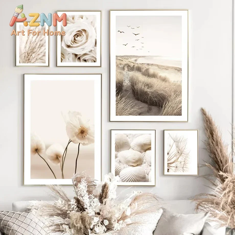Flower Dandelion Sunset Bird Beach Grass Shell Wall Art Canvas Painting Nordic Poster Printmaking Living Room Decoration Mura