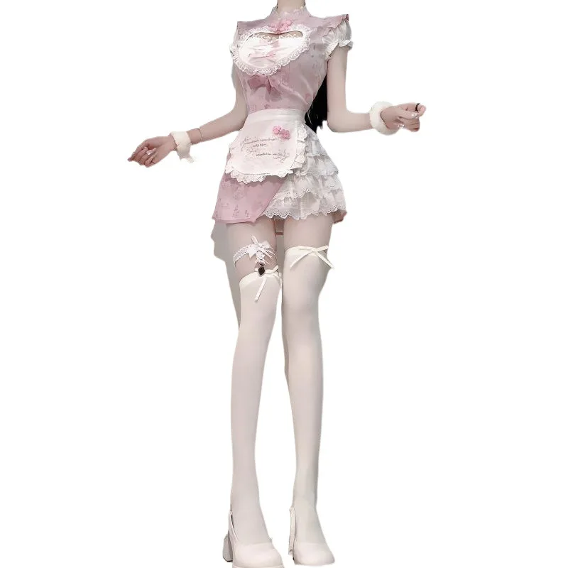 2025 Sexy Mode Casual Hause Set Rock Maid Cheongsam frauen Set Sommer Schürze Rosa Nette Abnehmen Heißer Zwei Stück set Frauen – Detail 6