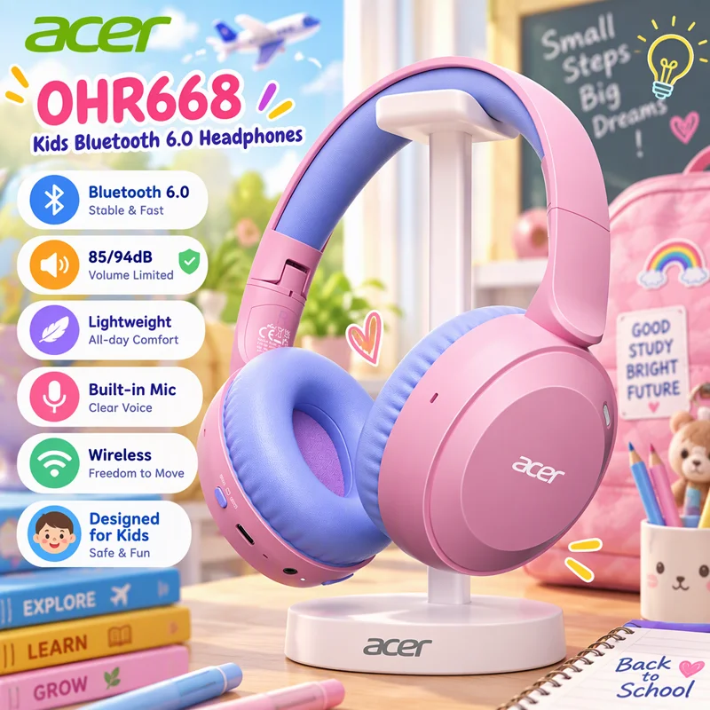 Acer Kids Bluetooth 6.0 Headphones 85/94dB Volume Limited Lightweight Over-Ear Wireless Headphones with Built-in Mic for Kids