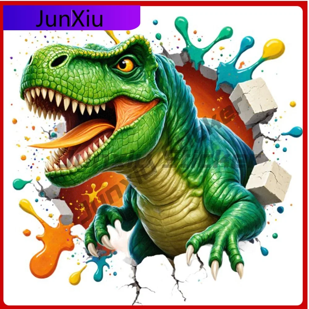 1pc Mighty Green T-Rex Decal Sticker Dynamic Roaring Dinosaur Bursting Through Wall Art with Colorful Paint Splashes Anime Ca