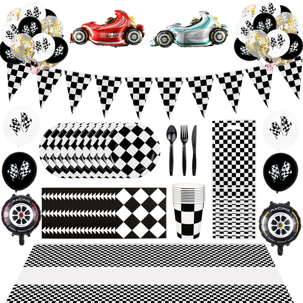 1set 180x108cm Black White Tablecloths Racing Car Theme Party Dispossible Tableware Checkered Flag Kids Birthday Party Supplies