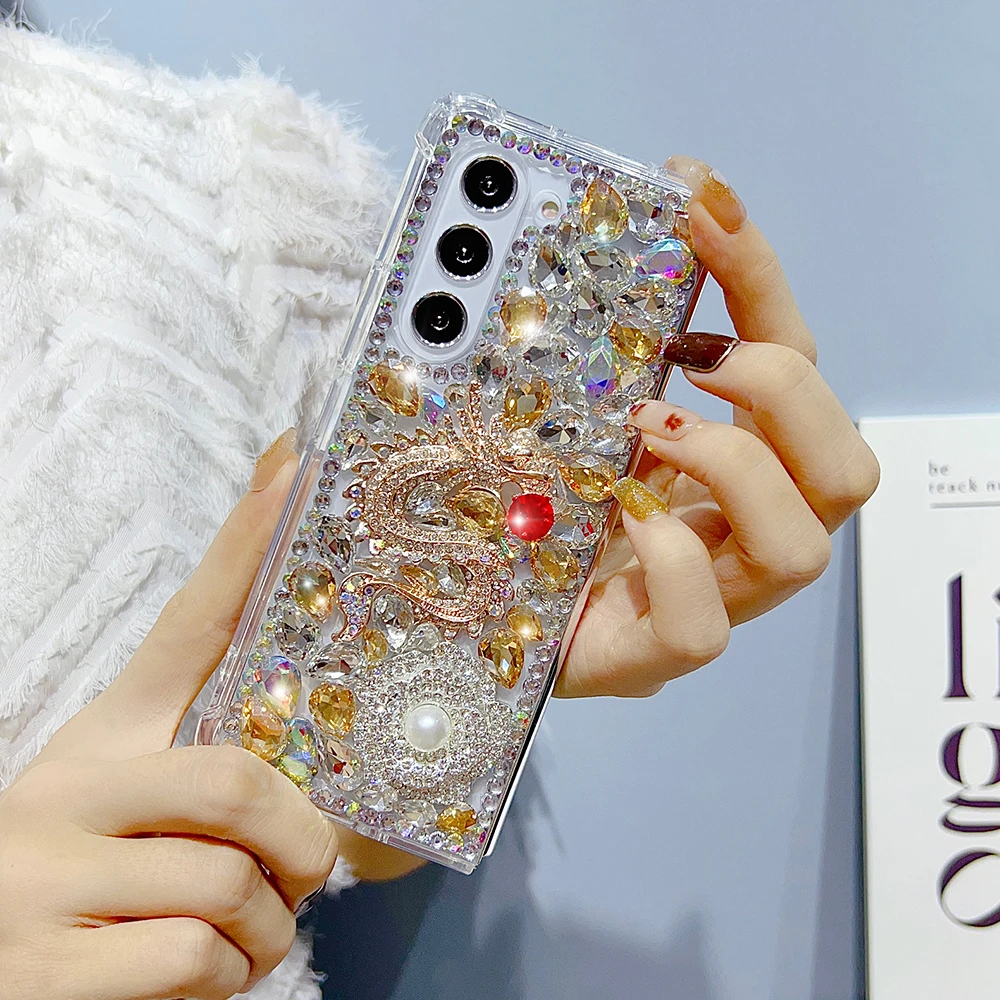 Chinese handmade diamond phone case suitable for Samsung Galaxy Z Fold 5 4 3 2 full flashing crystal transparent case