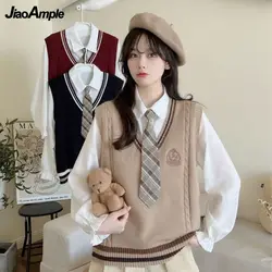 Spring Autumn Winter JK Uniform Japan Korean Preppy Style Knit Vest White Shirt with Tie Outfits High School Student Tops 2024