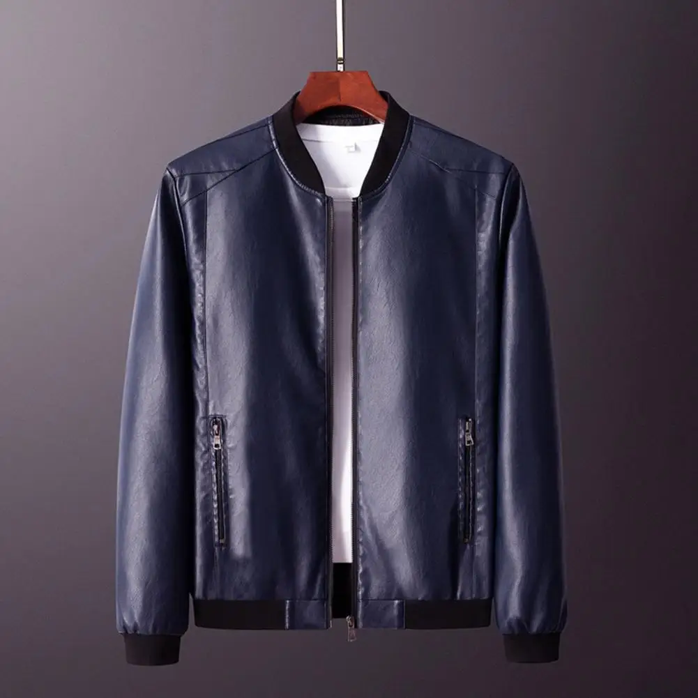 

Men Jacket Vintage Faux Leather Motorcyclist Jacket Solid Color Long Sleeve Zipper Closure Bomber Jacket Cardigan Baseball Coat