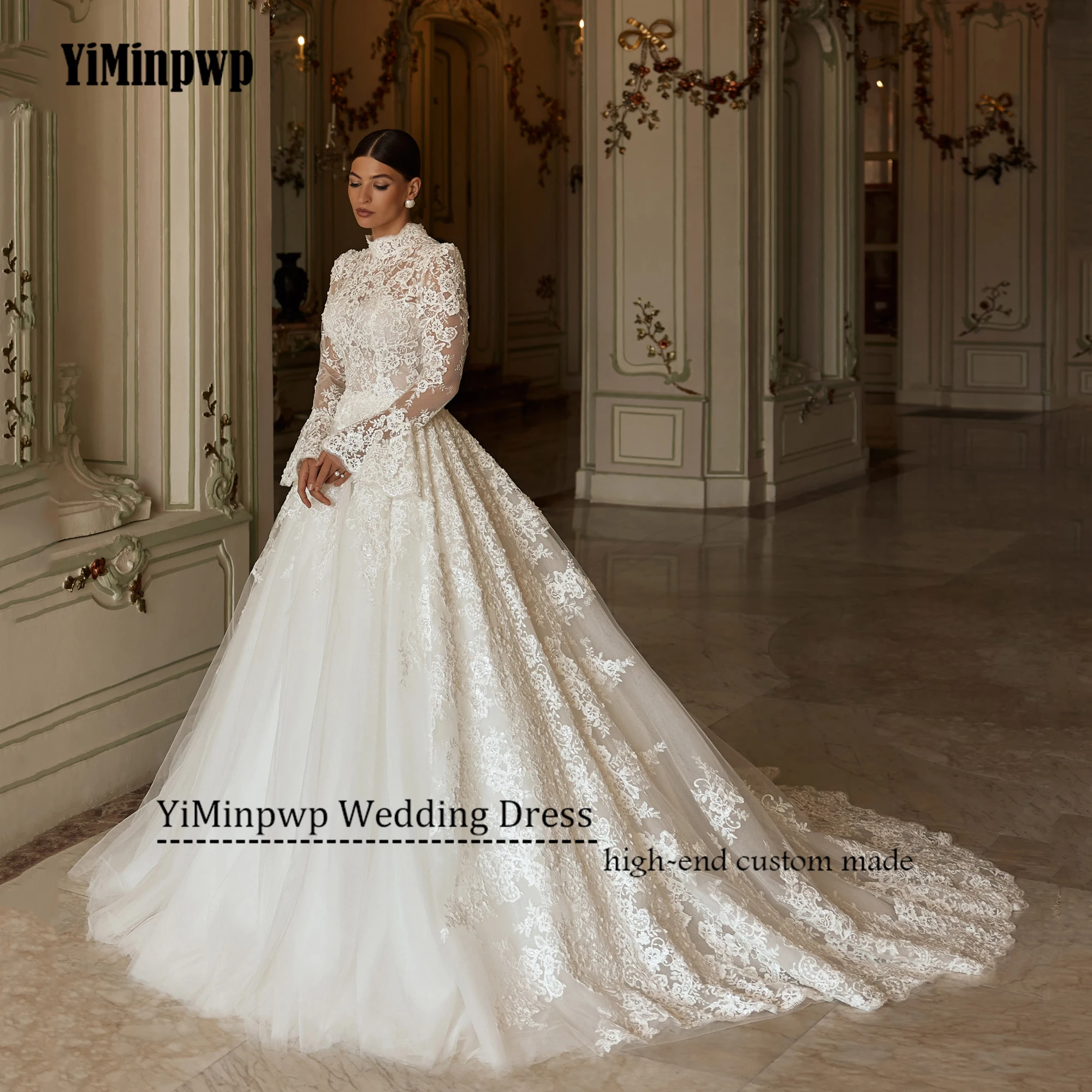 A-line Lace Wedding Dresses 2025 Luxury High Neck Long Sleeve Bridal Gown Applique Swep Train Tulle vestido de novia Customized