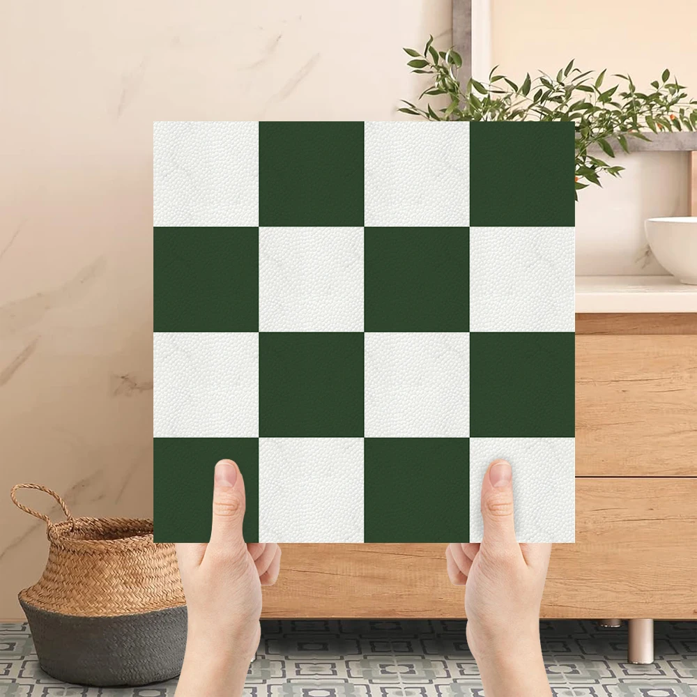 10 Peças de Azulejos de Piso Autoadesivos em Verde e Branco com Estampa de Tabuleiro de Xadrez, 30x30cm, Extra Grossos, Adesivos de PVC Impermeáveis