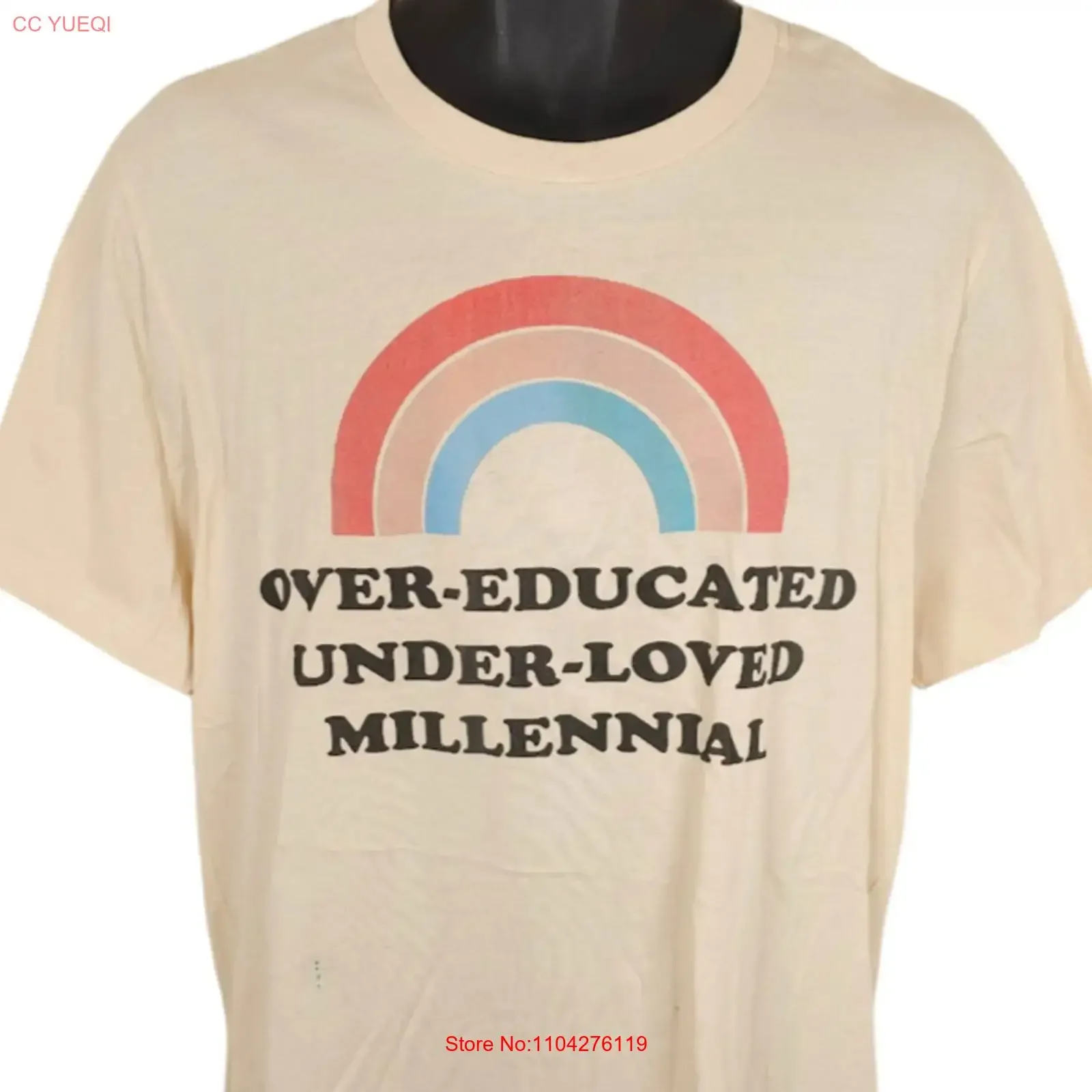Millennial T Shirt Mens Size Large Beige Over Educated Under Loved Rainbow vintage Washed Versatile designer clothes graphic
