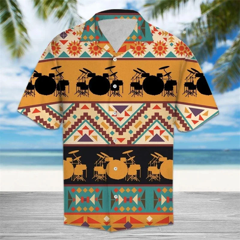 3D Print Musical Instrument Hawaiian Shirt Men's Drum Pattern Aloha Shirts Summer Short Sleeve Tops Fashion Street Casual Blouse